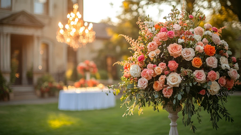 婚礼草坪上的白色桌子和吊灯