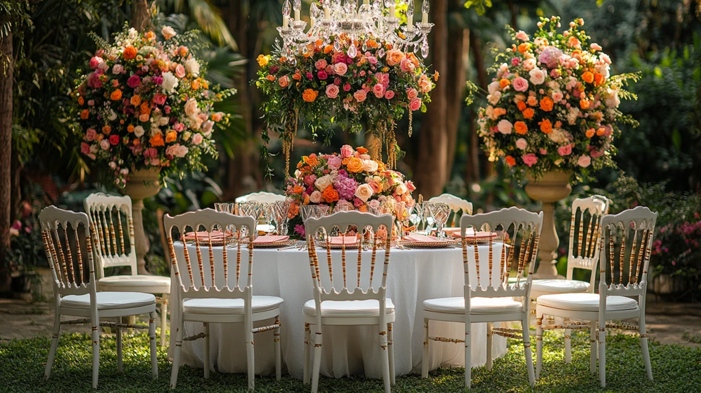 婚礼草坪上的白色桌子和吊灯