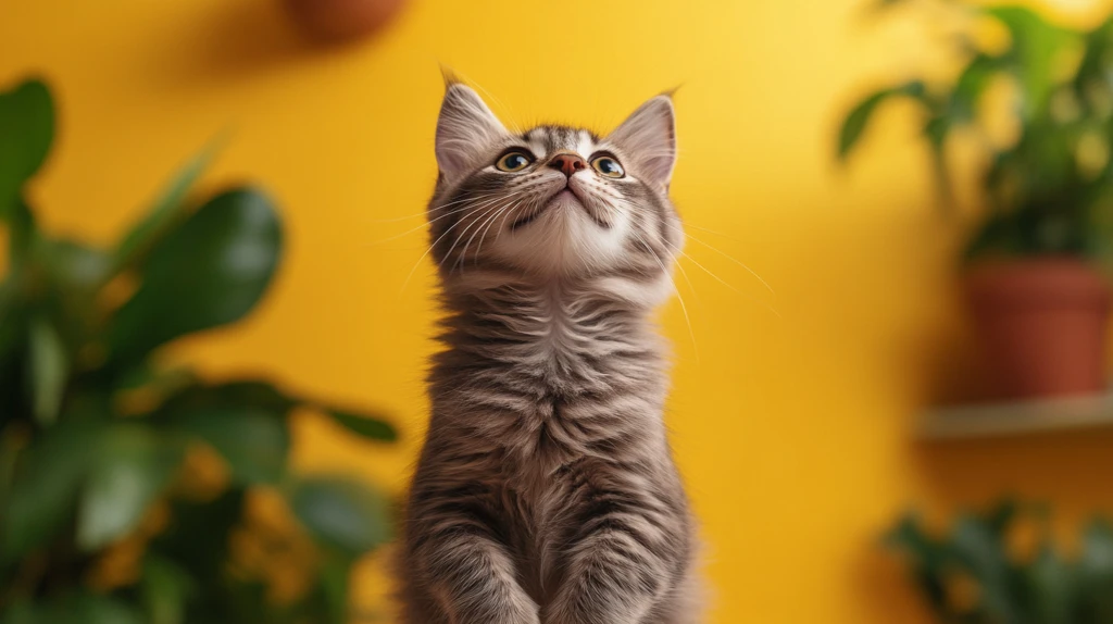 灰猫跳跃黄色背景