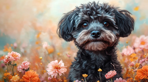 玩具贵宾犬与波西米亚花卉