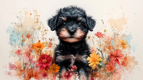 玩具贵宾犬与波西米亚花卉