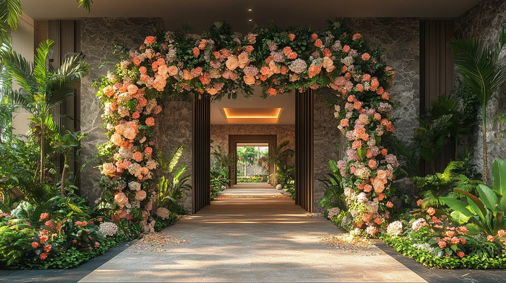 热带花卉拱门接待场景