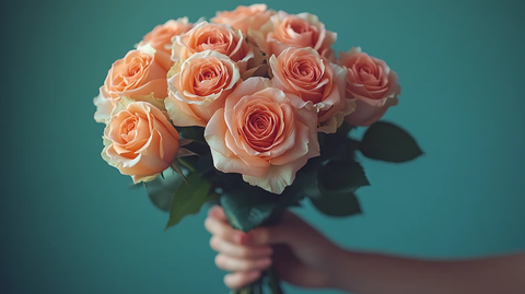 手持桃粉色玫瑰