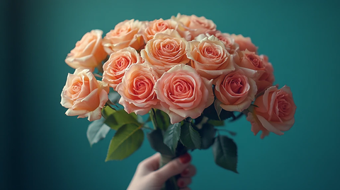 手持桃粉色玫瑰