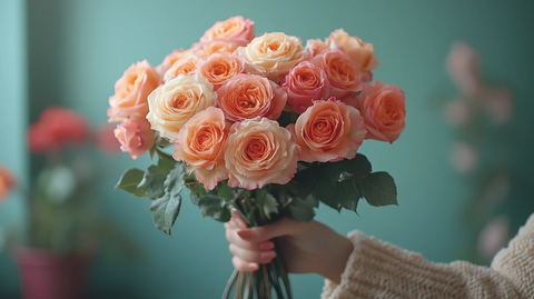 手持桃粉色玫瑰