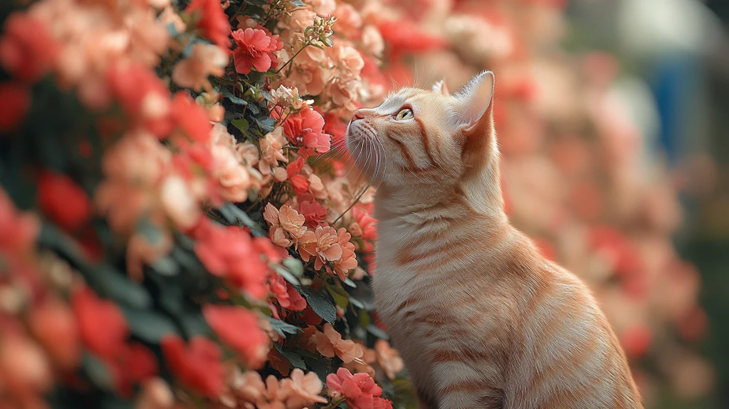 猫站在花墙间