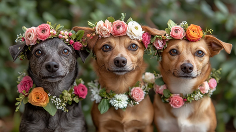 两只狗佩戴彩色花环