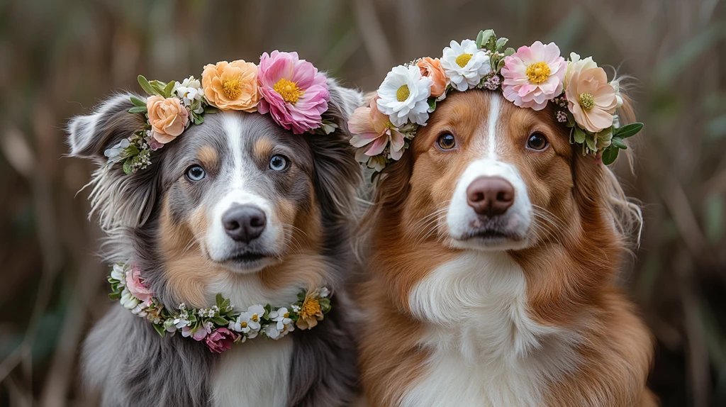 两只狗佩戴彩色花环