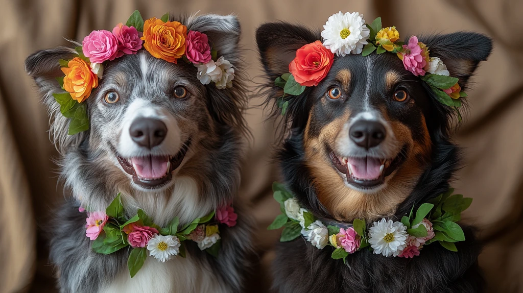两只狗佩戴彩色花环