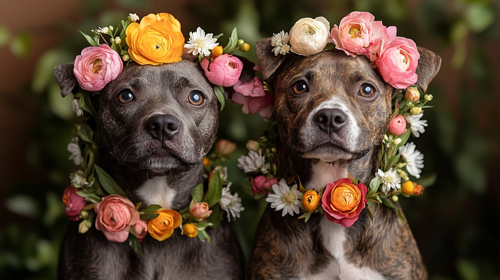 两只狗佩戴彩色花环