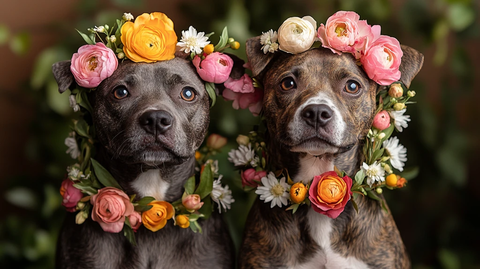 两只狗佩戴彩色花环