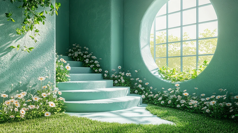 绿色讲台与窗外草地