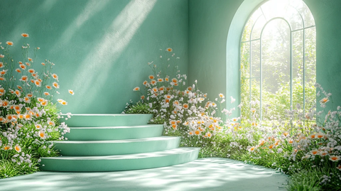 绿色讲台与窗外草地