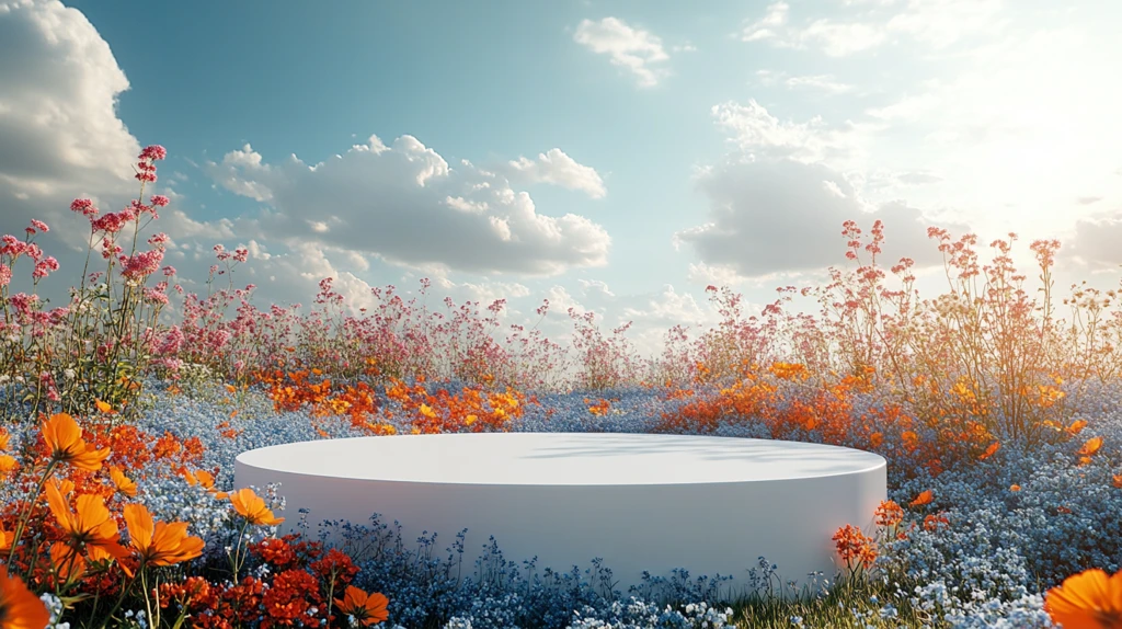 白色讲台与野花云景