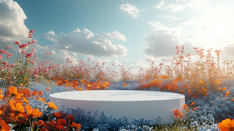 白色讲台与野花云景