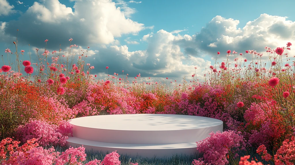 白色讲台与野花云景