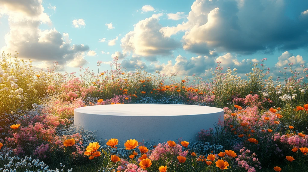 白色讲台与野花云景