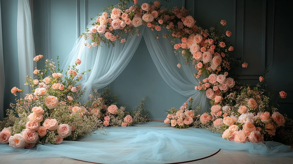 婚礼背景花环与薄纱