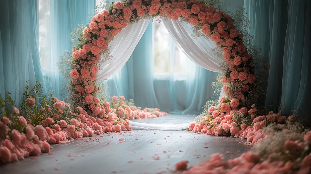 婚礼背景花环与薄纱