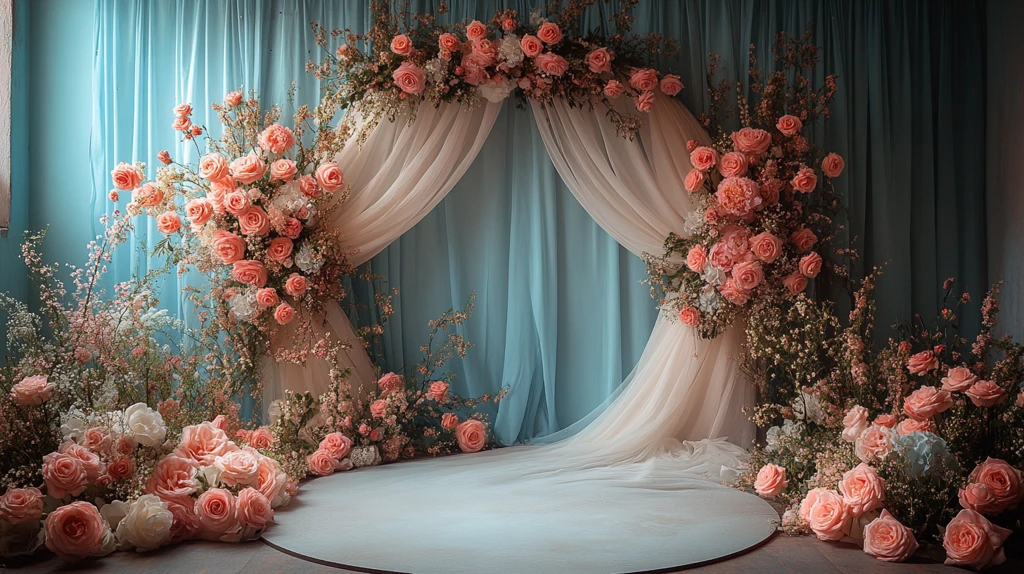 婚礼背景花环与薄纱