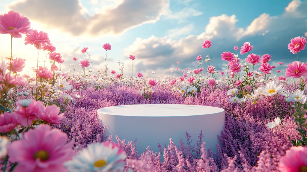 白色讲台与花海背景