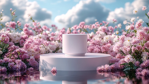 白色讲台与花海背景