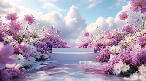 白色讲台与花海背景