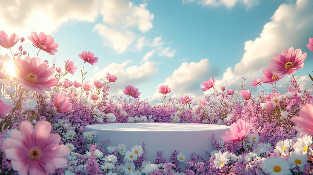 白色讲台与花海背景