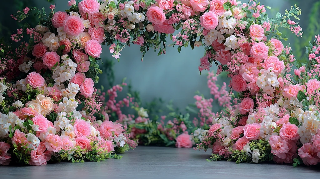 粉色白色花卉拱门布置