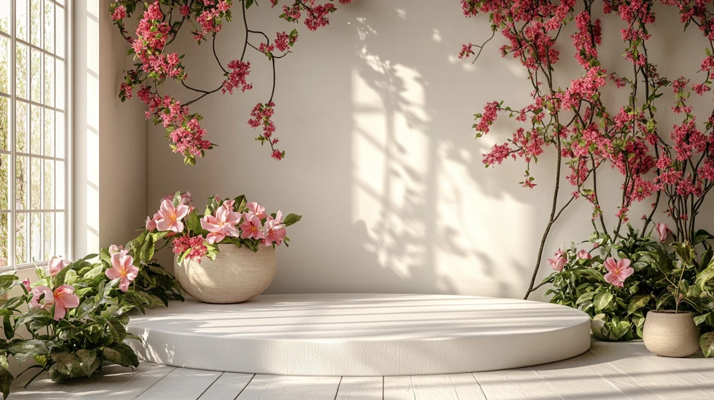 白色讲台与自然花卉