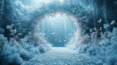 蓝色婚礼舞台与白色花拱