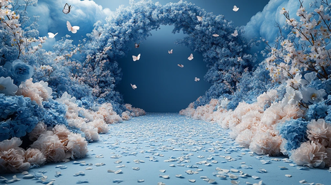 蓝色婚礼舞台与白色花拱