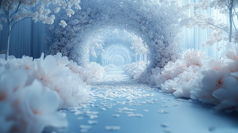 蓝色婚礼舞台与白色花拱