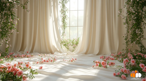 白色丝绸窗帘与粉色花卉