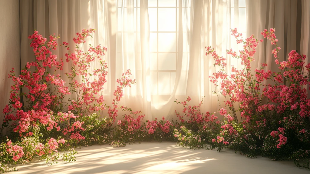 白色丝绸窗帘与粉色花卉