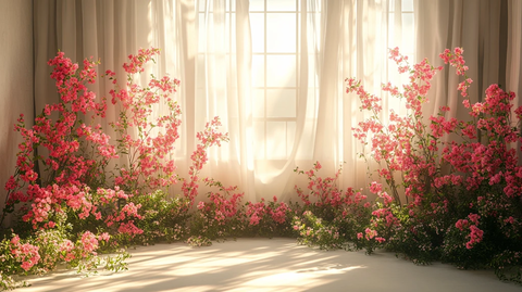 白色丝绸窗帘与粉色花卉