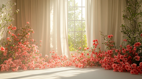 白色丝绸窗帘与粉色花卉