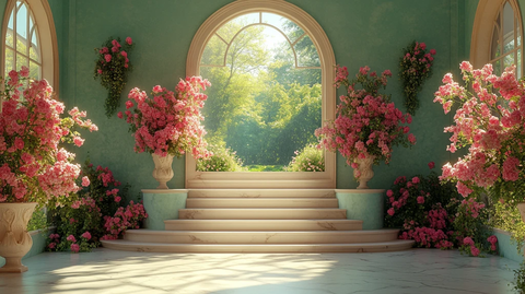 拱形背景楼梯花艺