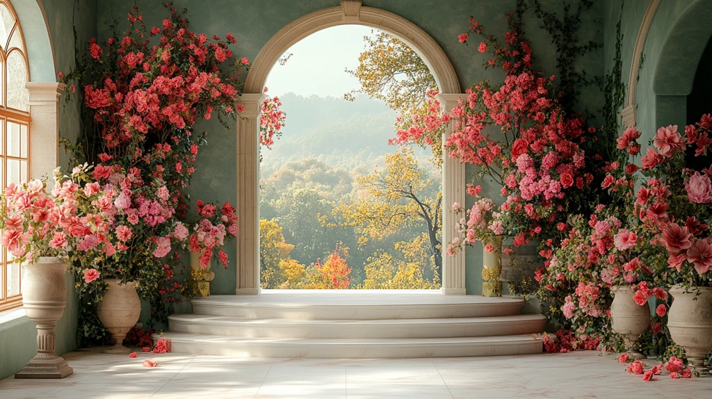 拱形背景楼梯花艺