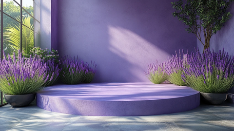 紫色薰衣草讲台模型与绿色棕榈叶