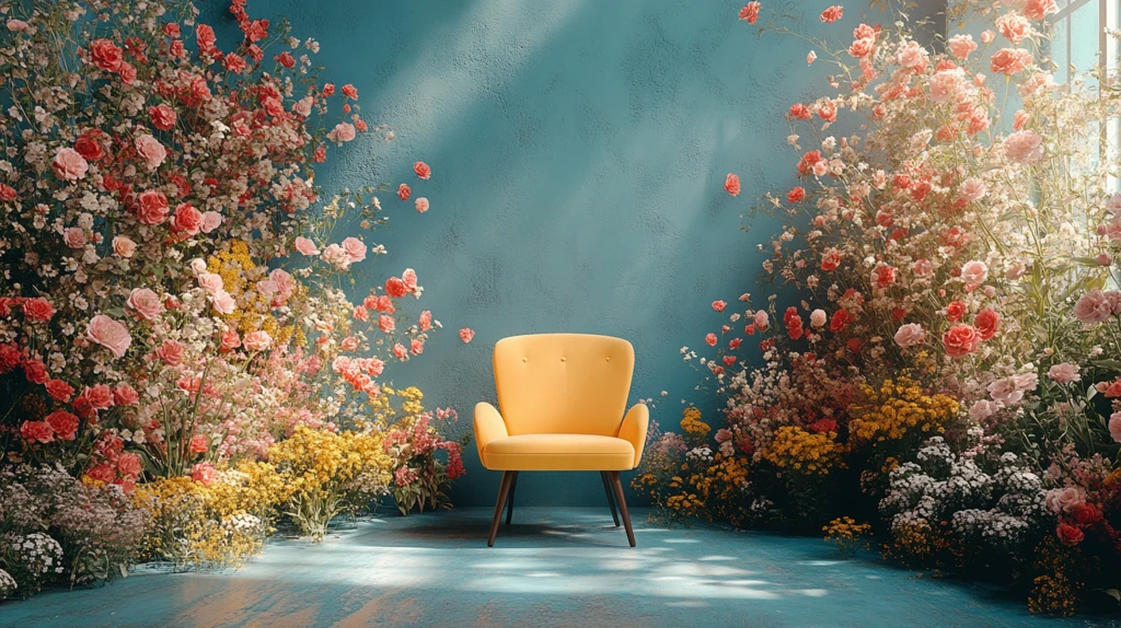 婴儿蓝背景与黄色椅子