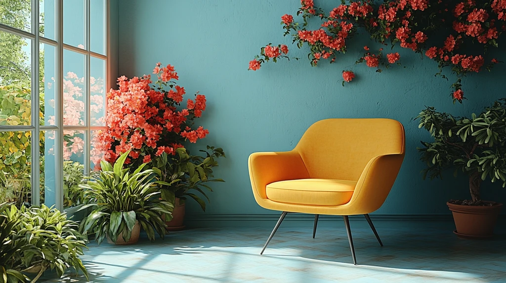 婴儿蓝背景与黄色椅子