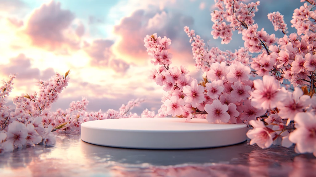 白色圆台与粉色樱花