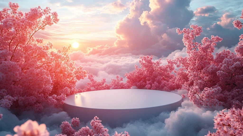 白色圆台与粉色樱花