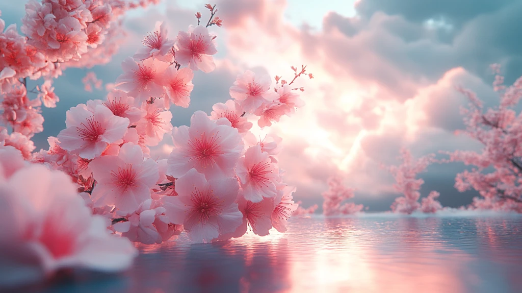 白色圆台与粉色樱花