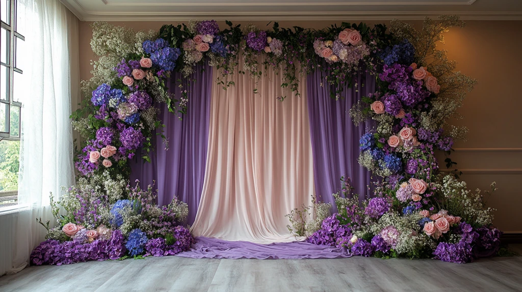 紫色窗帘蝴蝶花婚礼摄影背景