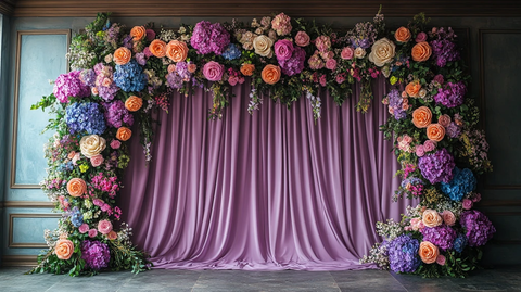 紫色窗帘蝴蝶花婚礼摄影背景