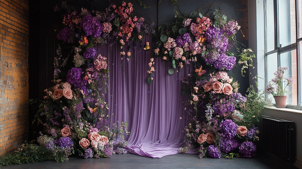 紫色窗帘蝴蝶花婚礼摄影背景