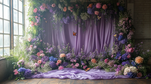 紫色窗帘蝴蝶花婚礼摄影背景