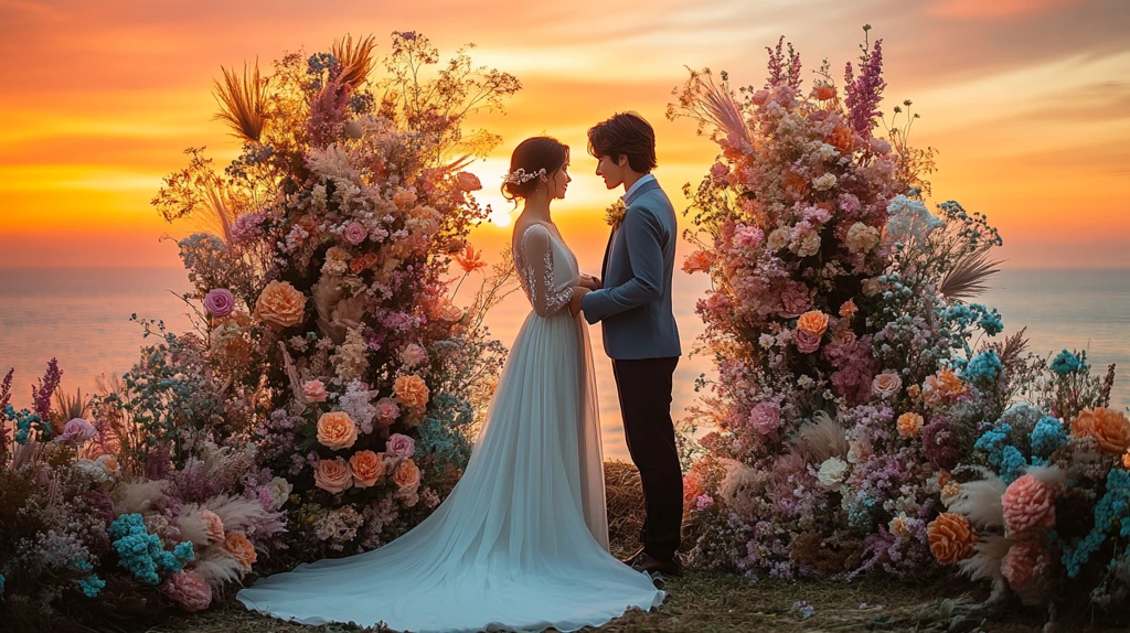 夕阳下交换戒指